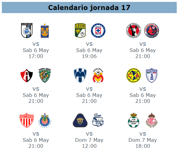 Calendario de la jornada 16 del futbol mexicano clausura 2017
